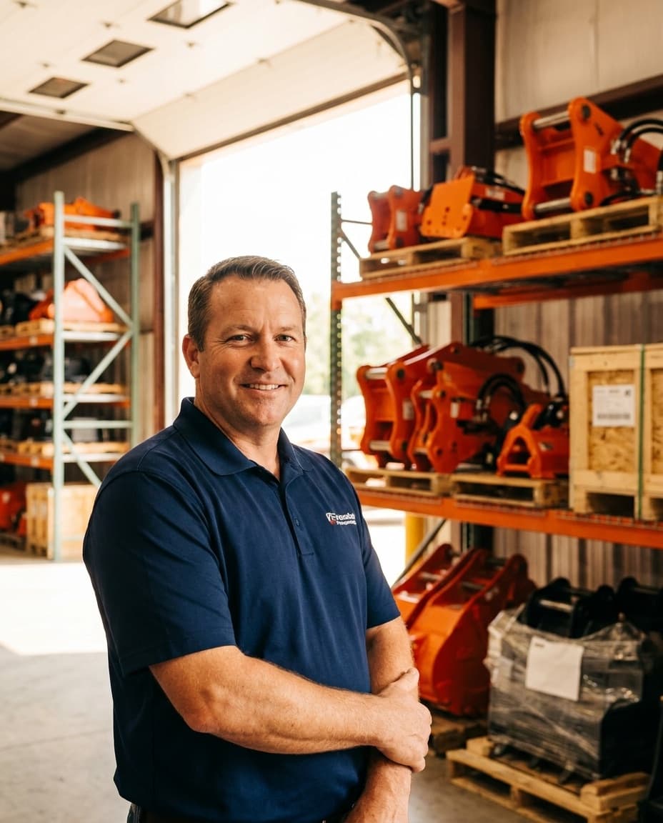 A CVK manager in a company polo standing in the distribution warehouse, with racks of attachments behind him