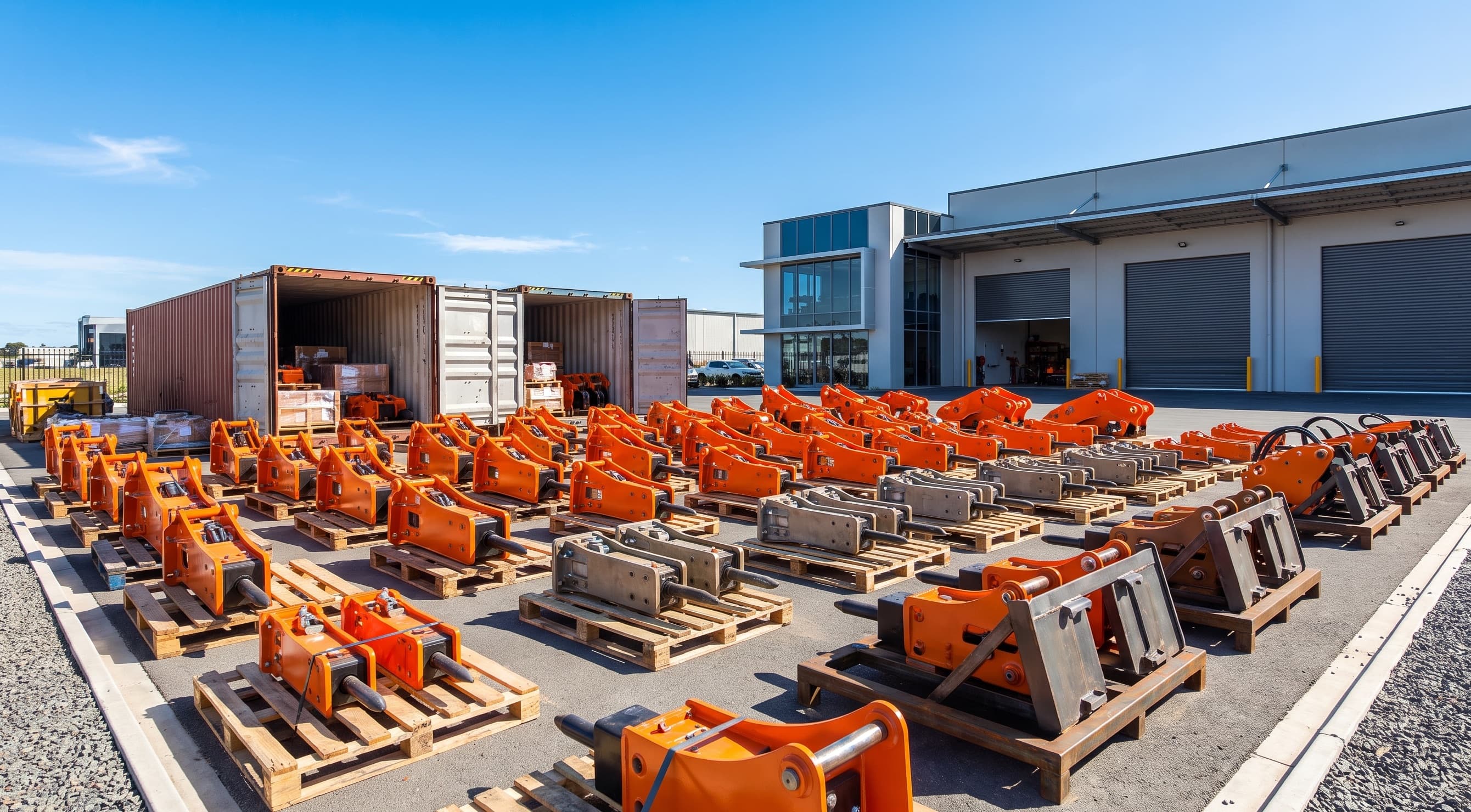 Rows of new orange hydraulic breakers and vibratory hammer attachments on pallets in the CVK distribution yard, with shipping containers being unloaded behind them