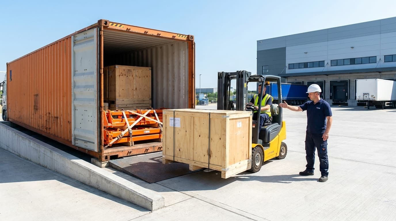 A shipping container being unloaded at a warehouse dock, with a forklift lifting a crate of equipment