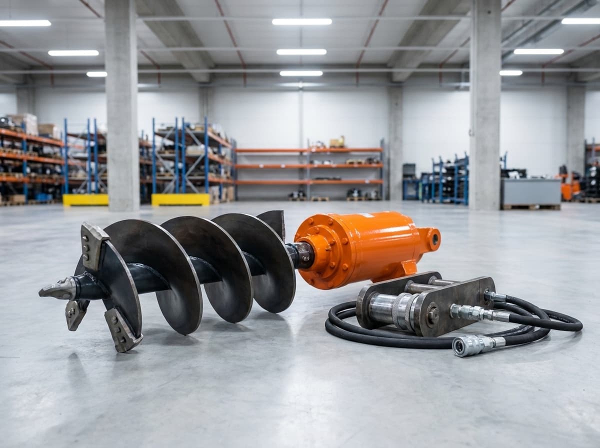An earth auger drilling tool and hydraulic drive laid out on a warehouse floor