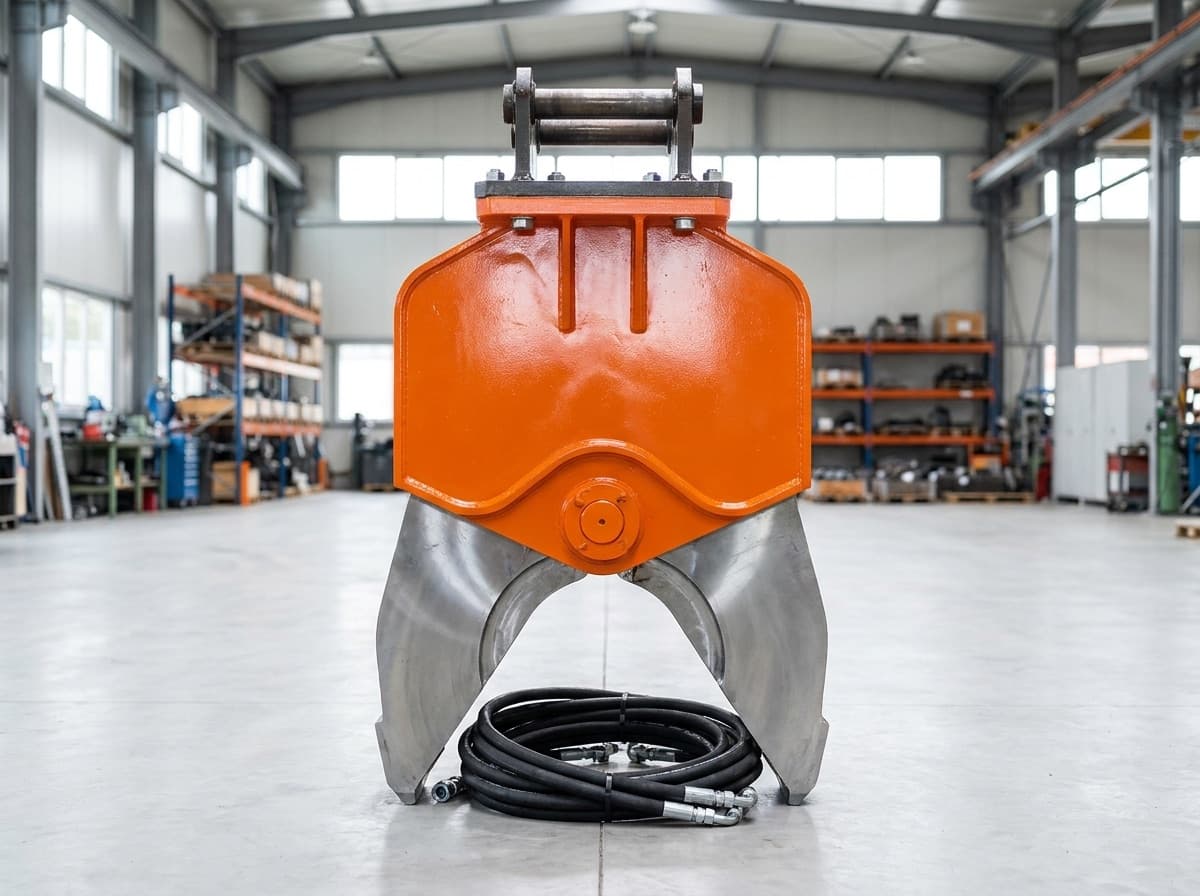 A new orange hydraulic vibratory pile driver attachment standing on a warehouse floor
