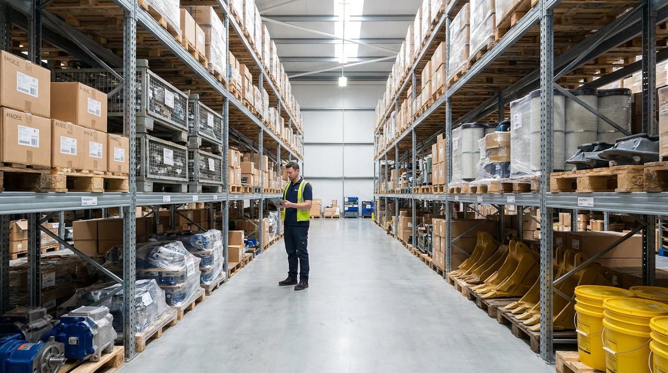 Organised warehouse shelving stacked with spare parts and wear components
